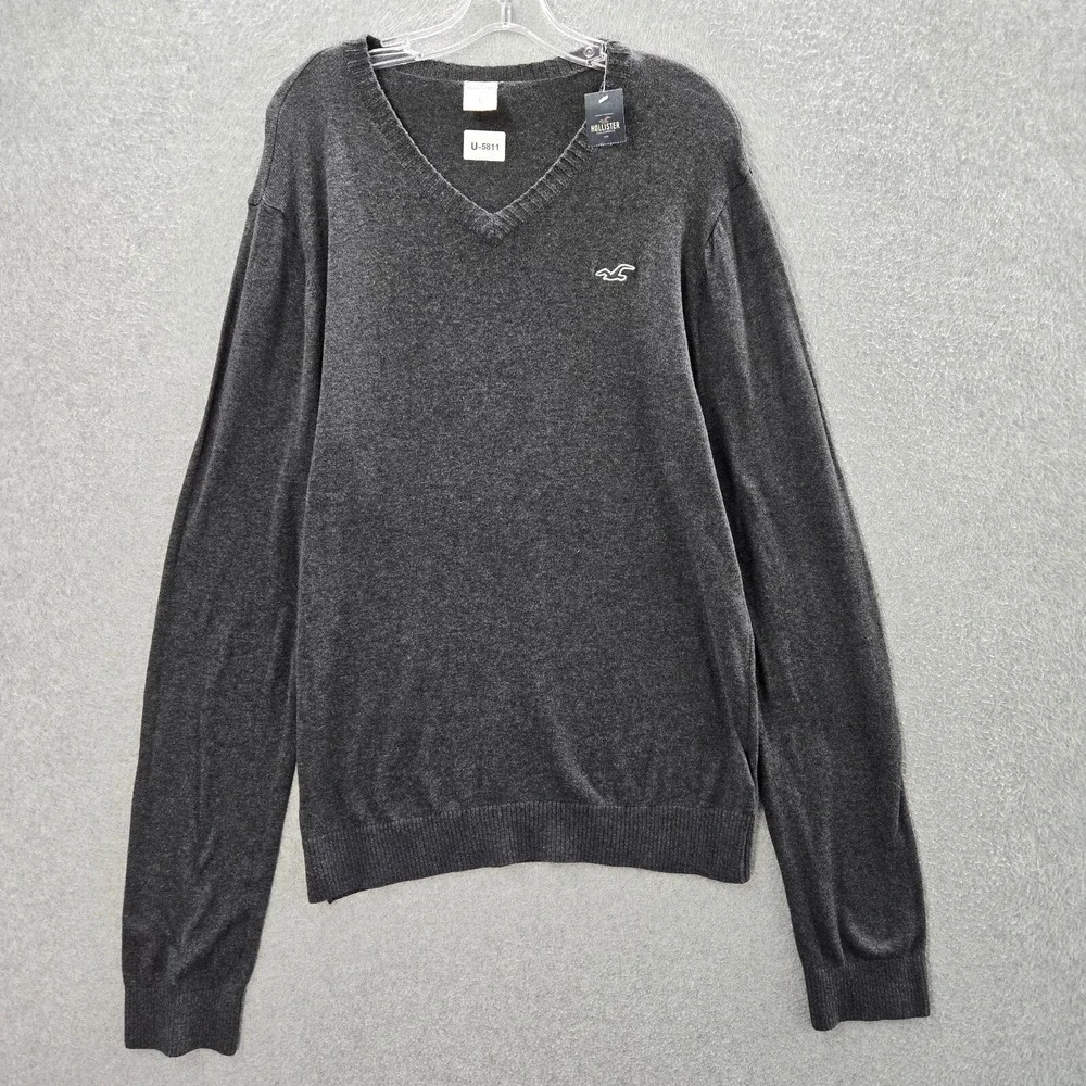 Hollister Men Sweater Large Gray Knit V Neck‎ Cotton Blend Long Sleeve NWT